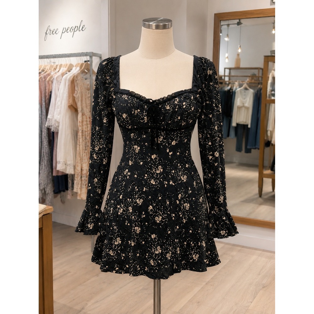 Free People Velvet Trim Romantic Floral Long-Sleeve Boho Mini Dress, Size S